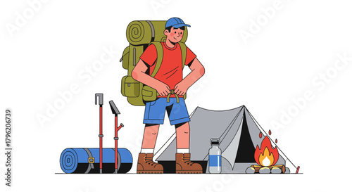 Adventurous Hiker Preparing For A Night Camping Experience Under The Stars