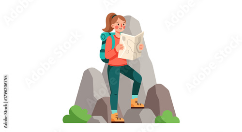 Adventurous Hiker Reading Map While Exploring Rocky Terrain in Nature Environment