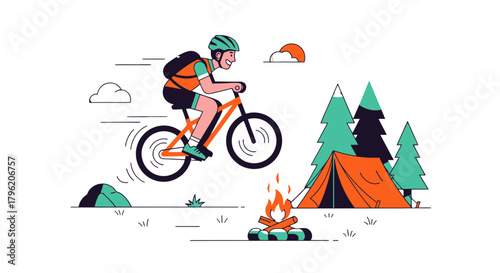 Adventurous Cyclist Enjoying Mountain Biking With A Campfire Near His Tent