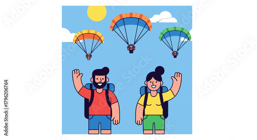 Adventurous Couple Waves Towards Colorful Paragliders Gliding Through The Sky