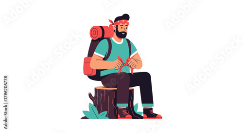 Adventurous Hiker Resting On A Stump Amidst the Serene Wilderness Journey