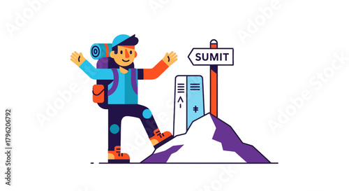 Adventurous Hiker Reaching The Summit, Celebrating Victory Against the Challenging Climb