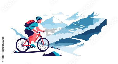 Adventurous Cyclist Explores Mountainous Trail During Day Time, Vector Illustration
