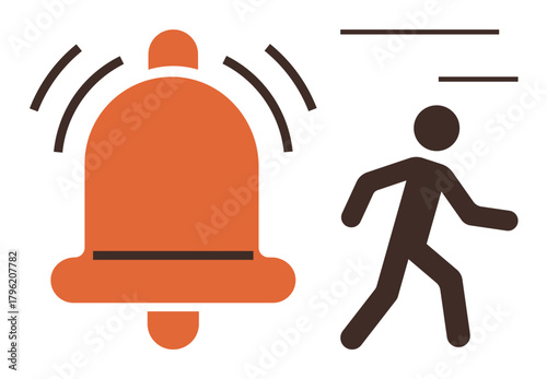 Bell ringing with vibration lines next to walking person highlights alert response, notification, urgency, or escaping. Ideal for communication, safety, urgency, notification, warning action