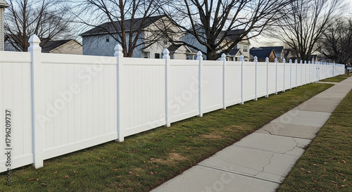 A long white vinyl fence lines a grassy area beside a sidewalk, with bare trees and residential houses in the background.
