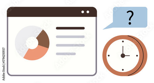 Data chart on a web browser window, clock showing time, speech bubble with question mark. Ideal for time management, productivity, data analysis, decision making, scheduling, business planning