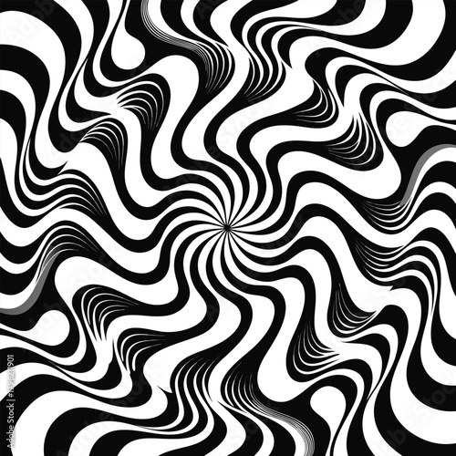 Black and white swirling abstract optical illusion pattern