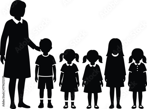 Teacher with children silhouette, childcare group, black and white art, education concept, early development, guidance, school scene, nurturing presence, inclusive design