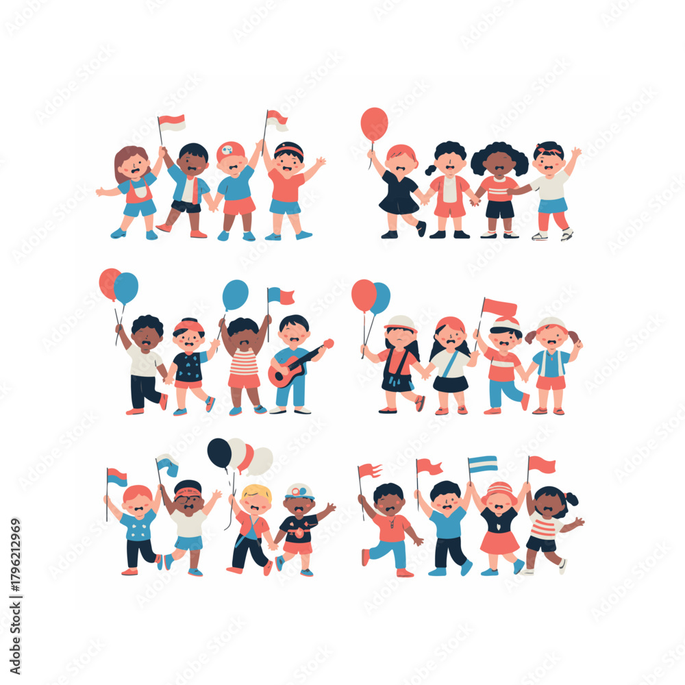 Fototapeta premium Diverse children holding flags and balloons celebrating together group celebration
