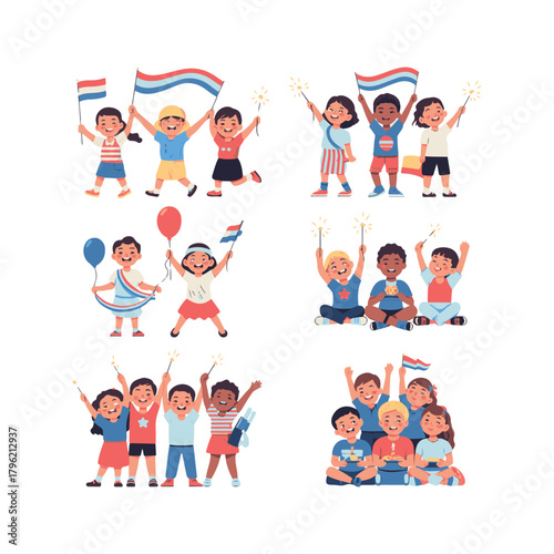 Diverse children celebrating with flags and sparklers in a festive illustration kids celebration
