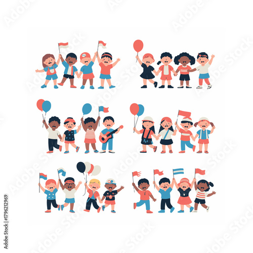 Diverse children holding flags and balloons celebrating together group celebration