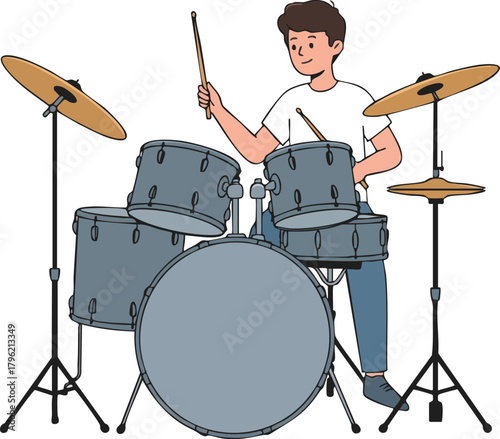 Illustration of a young man playing a drum set with drumsticks on a white background in a lively and dynamic scene.