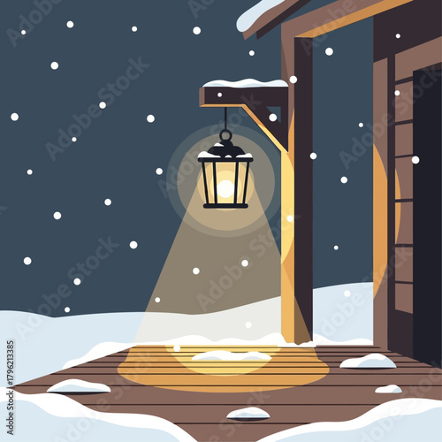 Illuminated Wooden Porch Deck with Snowfall and Lantern Light