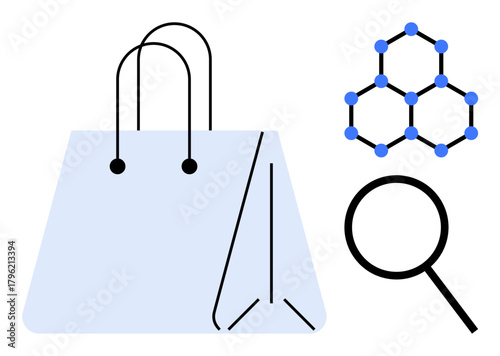 Shopping bag with sleek design, magnifying glass, and molecular structure combining retail, analysis, and innovation. Ideal for e-commerce, science, research, marketing consumer behavior trends
