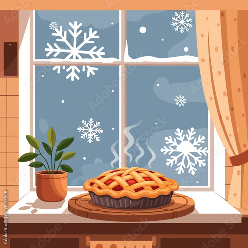 Cozy Winter Scene A Delicious Pie and Snowy Window