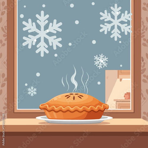 Steaming hot homemade pie cooling on a cozy windowsill with a snowy winter landscape in the background