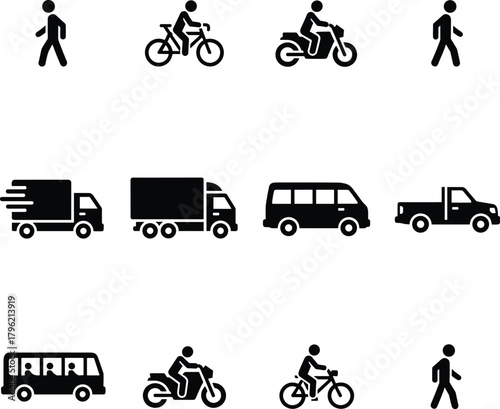 Transportation icon set with walking, cycling, motorcycle, truck, van, pickup, and bus symbols, black silhouette pictogram collection for design