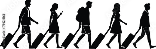 Traveler silhouette people walking with luggage, men and women carrying suitcases, travel vector illustration, tourism lifestyle concept, airport journey scene