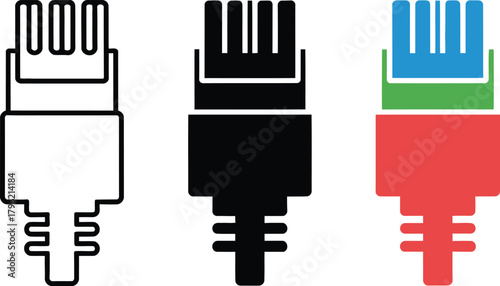 Network Cable Connector Icons Set Outline Silhouette Color , network cable, ethernet, connector,