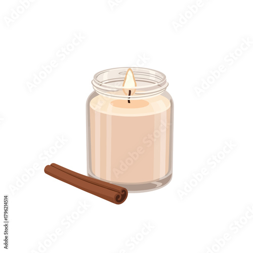 Aromatic Cinnamon Scented Candle in a Glass Jar with Cinnamon Stick Beside It