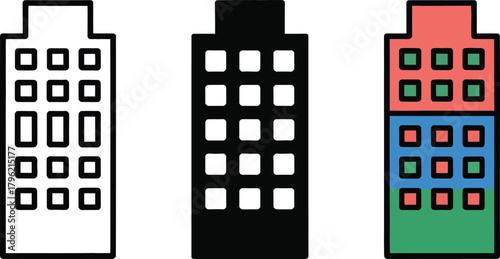 Three Building Icons Showing Different Styles Keywords: building, skyscraper, architecture, city, urban, structure, icon, illustration, silhouette