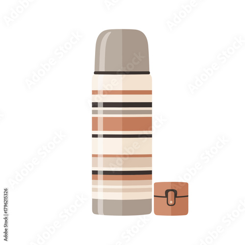 Vintage striped thermos with a cap for hot and cold drinks. Insulated vacuum flask for travel, camping, and hiking, isolated on a white background