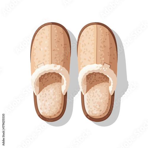 A pair of cozy and comfortable brown home slippers with a soft fleece lining, viewed from above. An illustration of warm indoor footwear isolated on a white background