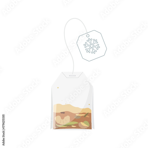 An isolated vector illustration of a winter blend herbal teabag with a snowflake tag, perfect for a cozy seasonal hot drink