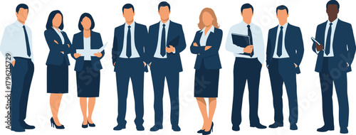 Business team illustration, corporate professionals, office staff, teamwork concept, leadership group, businesspeople in suits, company success, formal attire, professional collaboration, management.