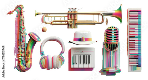 Colorful Music Instruments and Accessories on Isolated Transparent Background