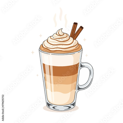Cozy autumn latte in a tall glass mug, a warm layered coffee beverage topped with whipped cream and cinnamon sticks