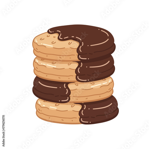 A delightful stack of four round, golden-baked cookies, each half-coated in rich, melted dark chocolate, presented as a sweet and tempting dessert illustration