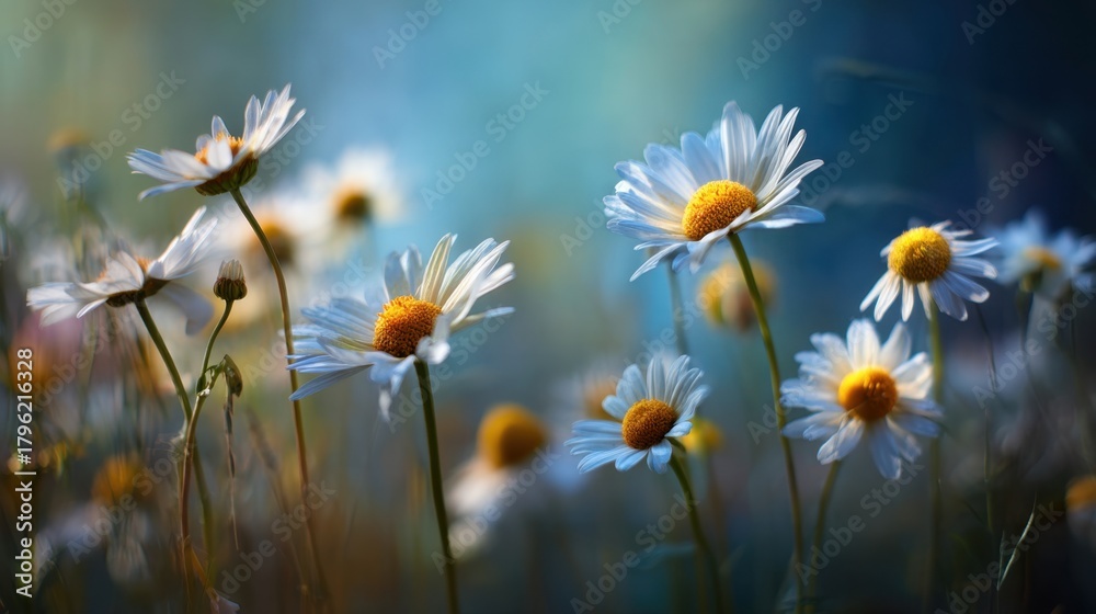 Fototapeta premium Beautiful close-up of fresh daisies blooming in a serene garden setting with soft light, creating a peaceful and vibrant atmosphere of nature's beauty.