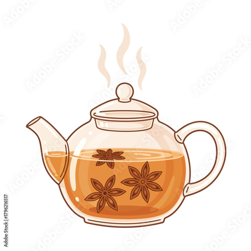 A steaming glass teapot filled with hot aromatic star anise tea, a fragrant and warming herbal infusion