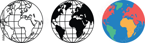 Three Globe Icons Showing Continents and Oceans Keywords: globe, earth, world, map, continents, oceans, geography, planet, international, travel
