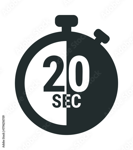 Stopwatch icon vector, bold black and white, split face, 20 seconds countdown — stock vector