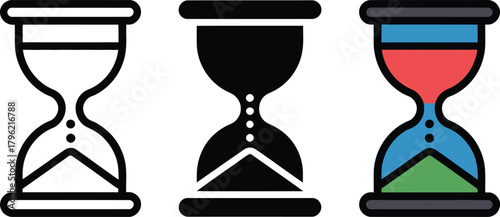 Three Hourglass Icons in Outline, Solid, and Color Variations Keywords: hourglass, time, sand, clock, timer, duration, measurement, concept, icon