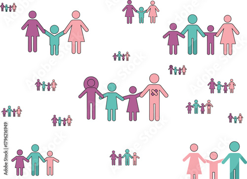 Family icons, parenting concept, togetherness illustration, happy family, parent and child, unity symbol, love, care, relationship, colorful family design.