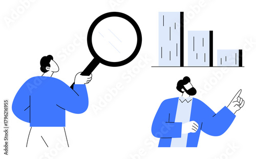 Two individuals examining data charts with a magnifying glass, highlighting analysis and growth discussions. Ideal for analytics, strategy, business growth, teamwork, data insights, research, simple