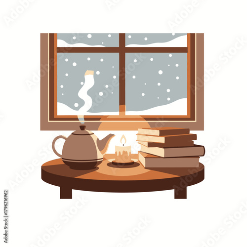 Warm and inviting winter evening scene featuring a steaming teapot, a glowing candle, and a stack of books on a table next to a snowy window