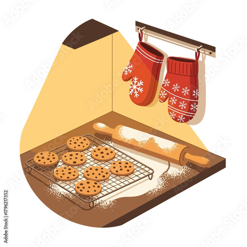 Festive holiday baking scene featuring homemade chocolate chip cookies cooling on a rack, a flour-dusted countertop, and winter mittens