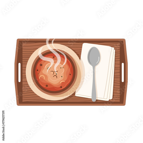 Top view of a comforting bowl of hot, steaming soup with a sad face, served on a wooden tray with a spoon and napkin, a meal for someone unwell