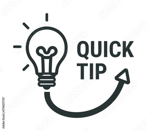 Light bulb vector with quick tip text and arrow, minimal line art style — stock vector