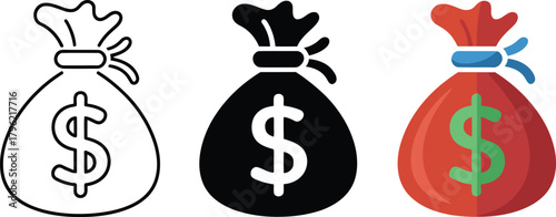 Three money bag icons with dollar signs in different styles , money, bag, cash, finance, wealth
