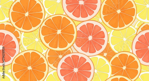 Citrus slices seamless pattern with orange, grapefruit, and lemon for vibrant designs, backdrops