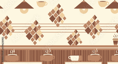Coffee shop themed seamless pattern with mugs lamps and geometric diamond shapes