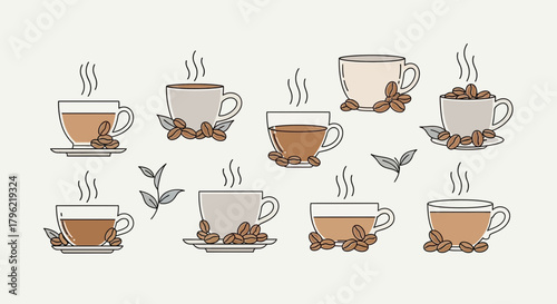 Elegant coffee cups and beans vector pattern, a delightful design of hot beverage art
