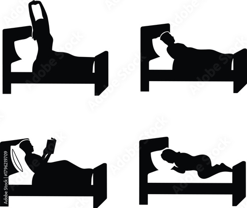 Silhouette set of woman in bed showing waking up, sleeping, reading, and resting positions for lifestyle, health, bedtime, and daily routine concepts