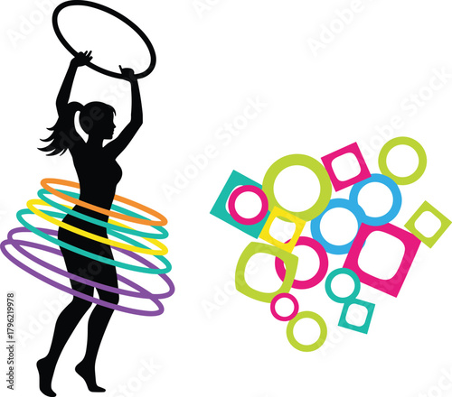 Silhouette woman playing with colorful hula hoops, abstract geometric background, fitness exercise, modern design, vector illustration, active lifestyle concept