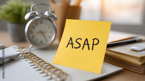 Small yellow reminder note bearing the abbreviation for immediate action rests on a busy desk beside a clock